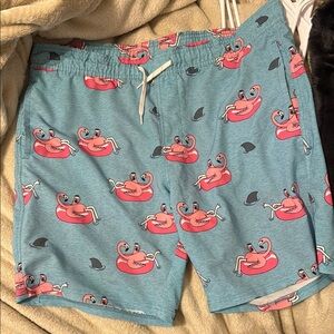 Buckle Blue and Pink Swim Trunks with Playful Flamingo Design